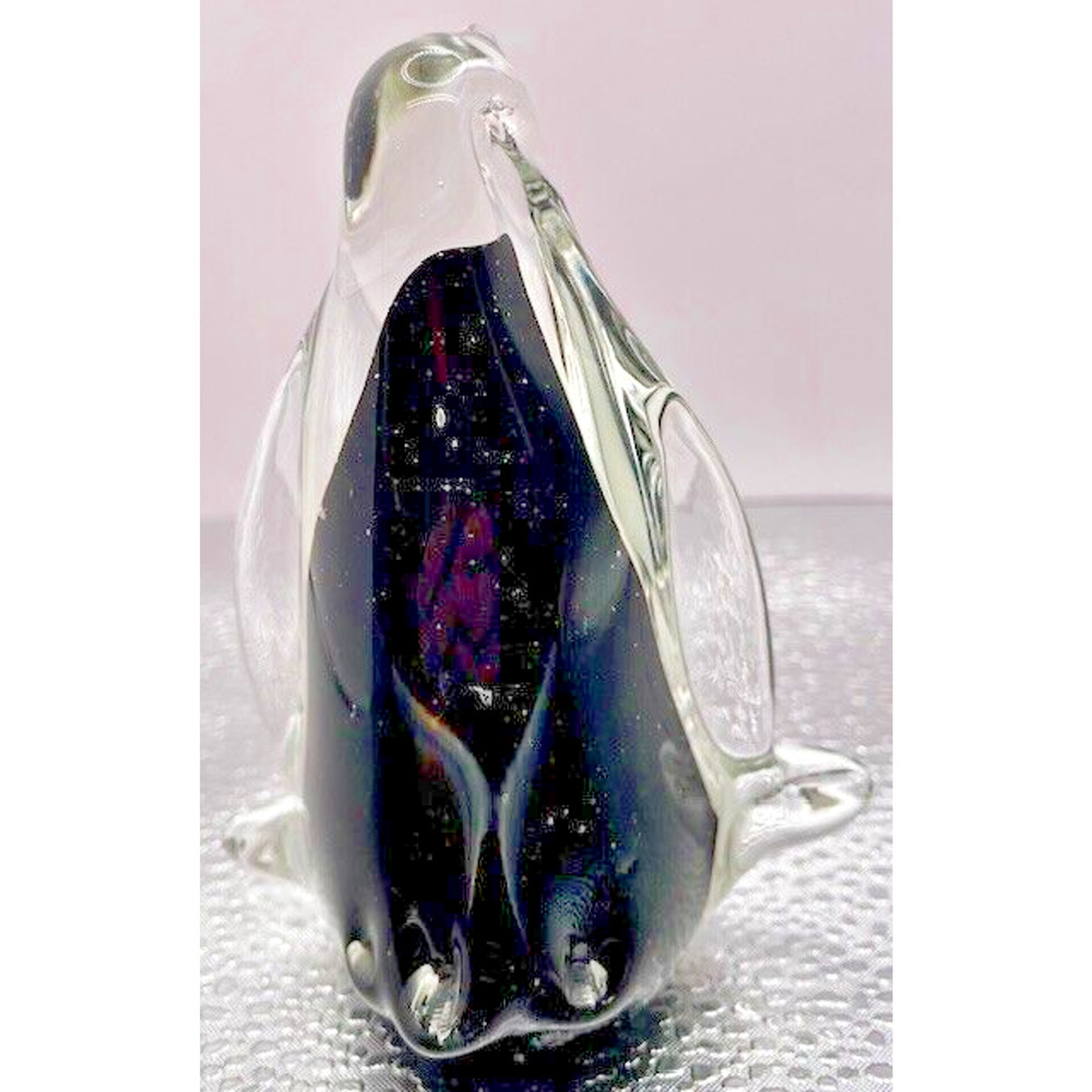 Murano Style Art Glass Penguin 4.25” X 3.5" Clear, Black & White - Picture 3 of 8